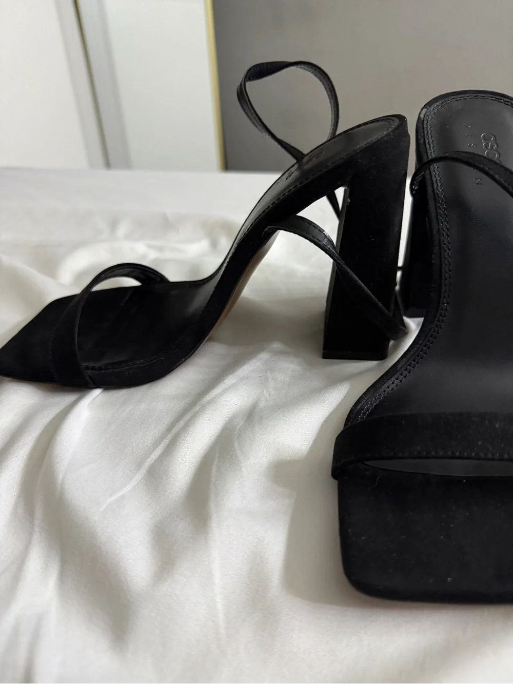 ASOS Black Suede Square-Toe Block Heel Sandals with Ankle Tie